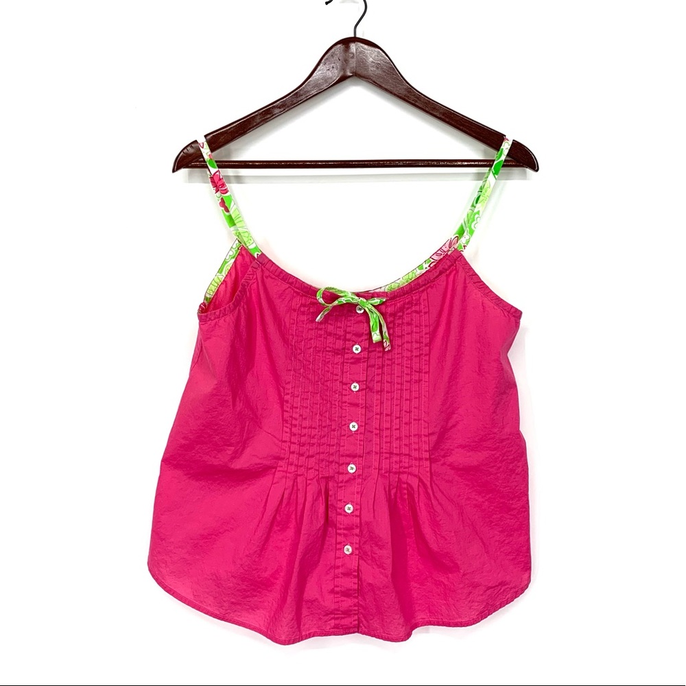 Lilly Pulitzer Bright Pink Green Floral Spaghetti Strap Button Front Tank Top Lg